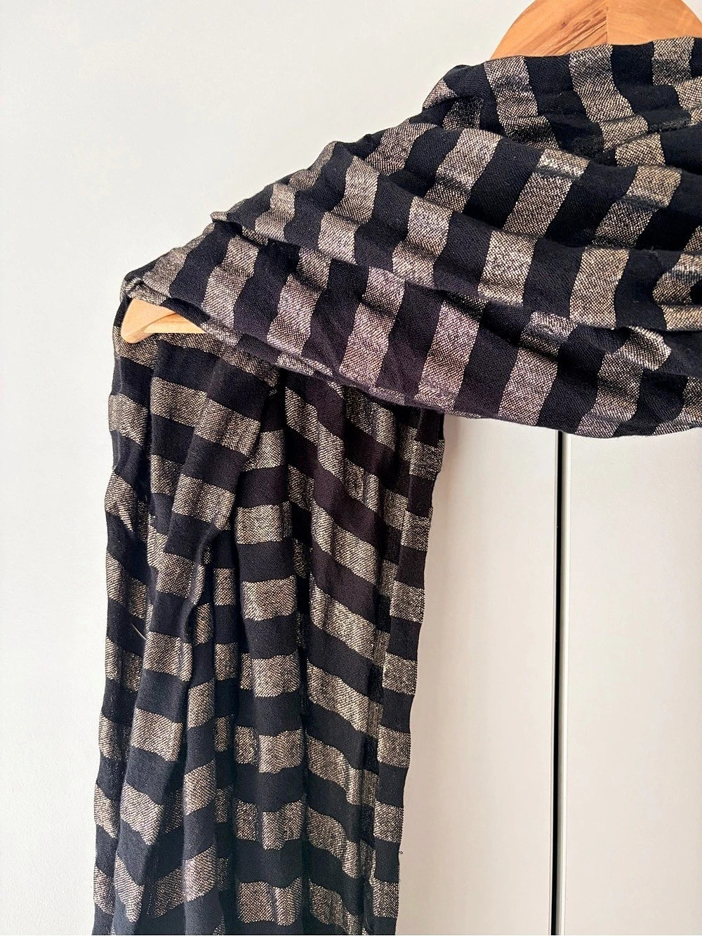 INC International Concepts Striped Fringe Scarf in Black & Gold - Picture 3 of 6